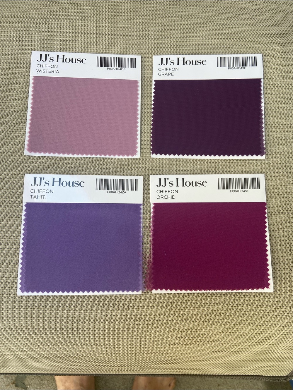 JJ’s Purple Fabric Swatch Set Wisteria, Grape, Tahiti & Orchid